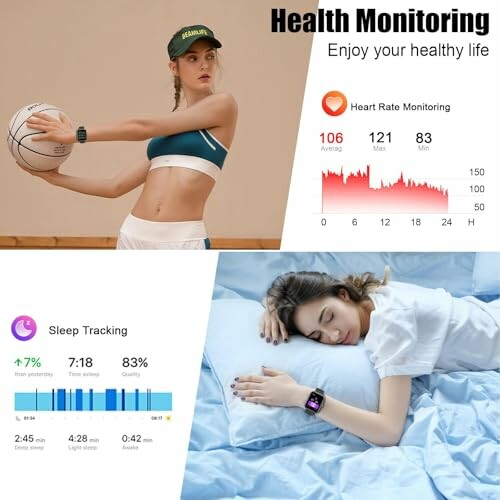 Woman playing basketball and another sleeping, both wearing smartwatches with health monitoring features displayed.