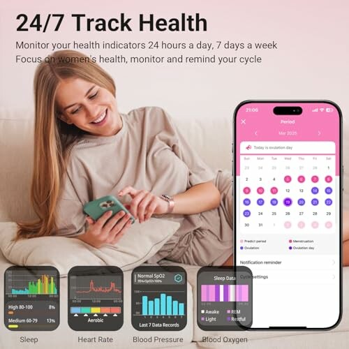Woman using a health tracking app with smartphone displaying cycle and health indicators.