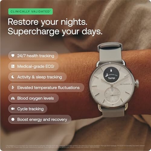 Smartwatch with health tracking features on wrist displaying temperature.