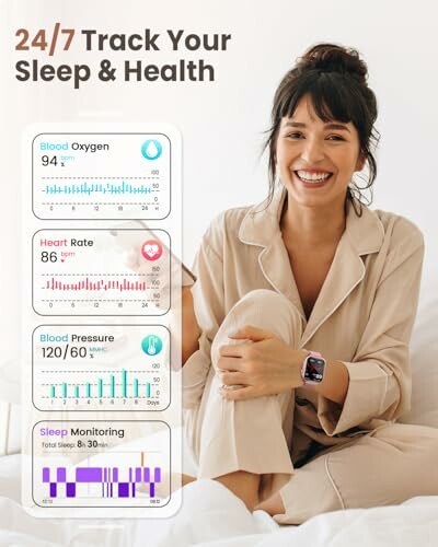Woman using a wearable device displaying health metrics like blood oxygen, heart rate, blood pressure, and sleep monitoring.