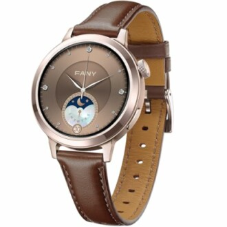 Elegant wristwatch with brown leather strap and moon phase dial.