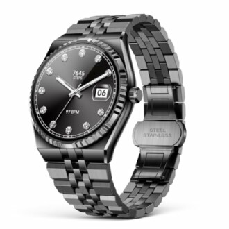 Luxury stainless steel watch with diamond markers and digital display.