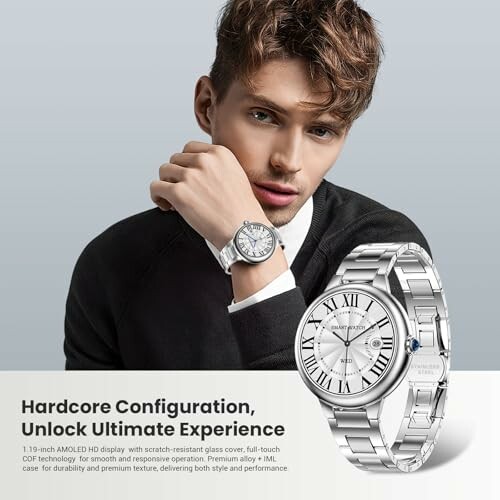 Man wearing a luxury watch, showcasing its design and features.