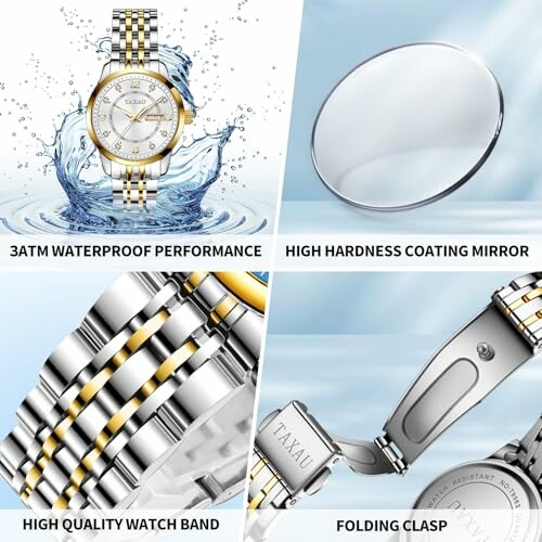 Luxury watch highlighting waterproof, high hardness mirror, quality band, and folding clasp.