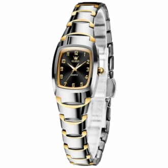 Elegant women's watch with silver and gold bracelet and black face.