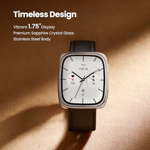 Luxury watch with a 1.75 inch display and stainless steel body on a brown surface.