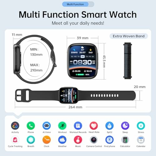 Multi-function smart watch with dimensions and features.