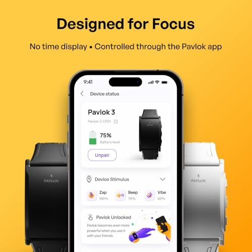 Pavlok 3 smartwatch with app interface on phone.