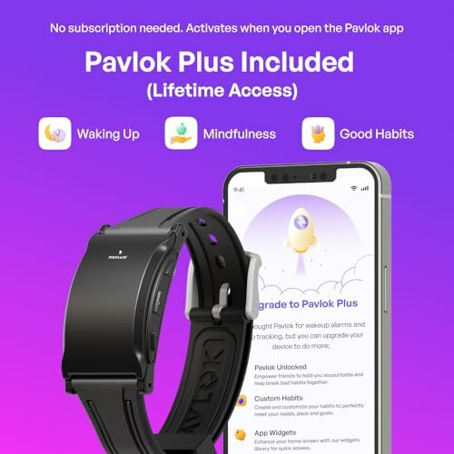 Pavlok Plus package with watch and phone app displayed.
