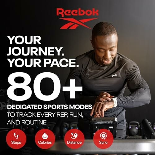 Man using Reebok fitness tracker with 80+ sports modes.