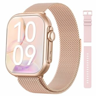 Rose gold smartwatch with mesh band and additional strap.