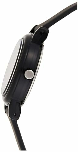 Side view of a black wristwatch with a round face and black strap.