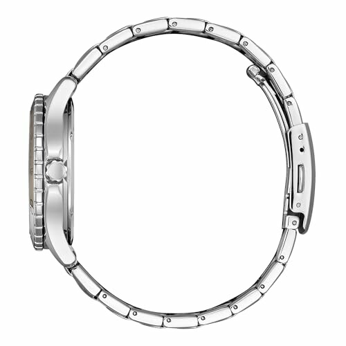 Side view of a silver wristwatch with metal bracelet.