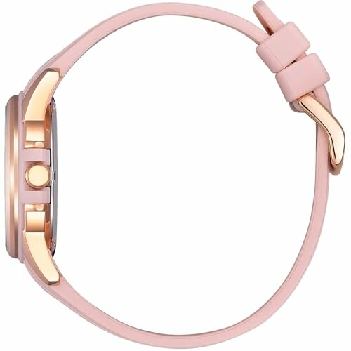 Side view of a smartwatch with a pink strap and gold accents.