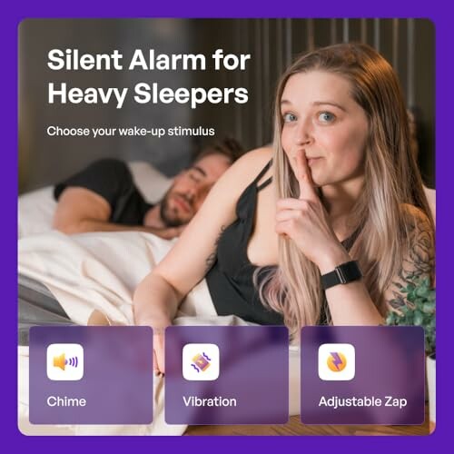 Woman using a silent alarm device beside a sleeping man.