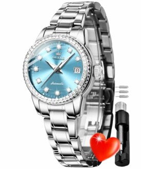 Silver luxury watch with blue dial and date display.