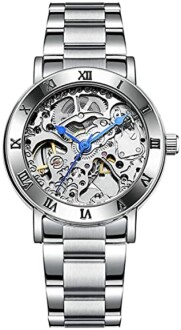 Silver skeleton watch with visible gears and Roman numerals.