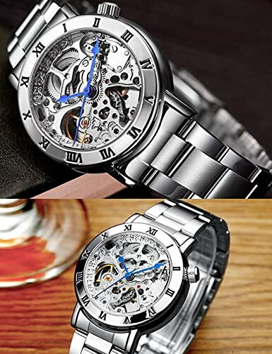 Two silver skeleton watches with visible mechanisms and Roman numerals.