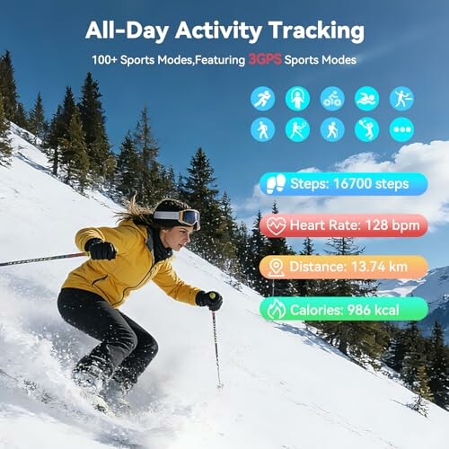 Person skiing downhill with activity tracking data overlay, showcasing the device's ability to accurately track various activities.