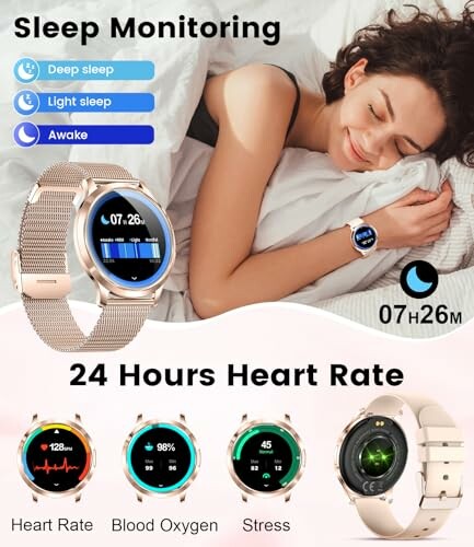 Smartwatch showcasing sleep monitoring, heart rate, blood oxygen, and stress tracking features.
