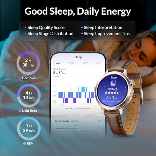 Sleep tracking app on phone and smartwatch displaying sleep quality and stages.
