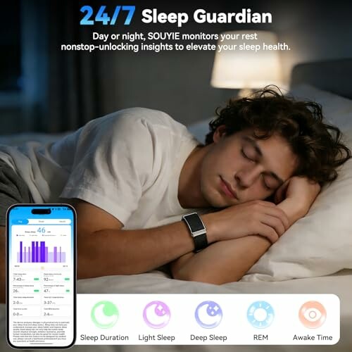 Person sleeping with a wearable sleep tracker and smartphone displaying sleep data, showcasing the device's ability to accurately track sleep quality.