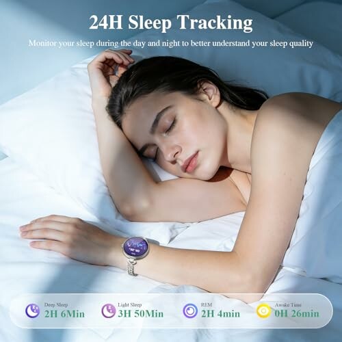 Woman sleeping with a smartwatch displaying sleep tracking data.