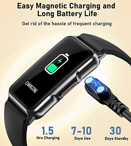 Smartwatch with magnetic charging and long battery life.