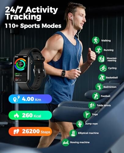 Man using smartwatch with 24/7 activity tracking and multiple sports modes on treadmill.