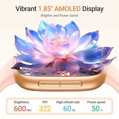 Smartwatch with 1.85 inch AMOLED display showing a vibrant flower graphic.