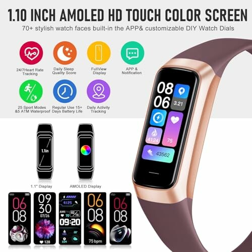 Smartwatch with 1.10 inch AMOLED HD touch color screen and various features.