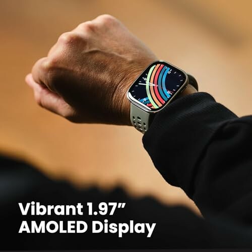 Person wearing smartwatch with vibrant AMOLED display.