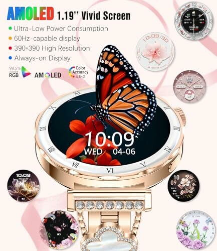 Smartwatch with AMOLED display showcasing vibrant butterfly design and multiple watch faces.
