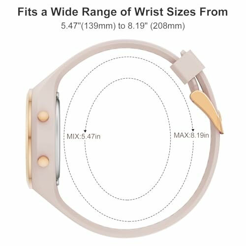 Smartwatch band size guide showing range from 5.47 to 8.19 inches.