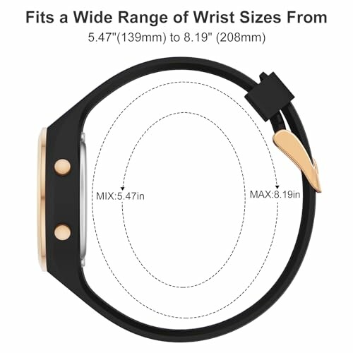 Smartwatch with adjustable band size range from 5.47 to 8.19 inches.