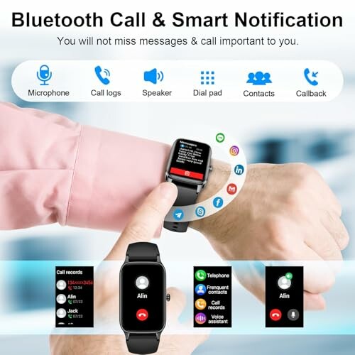 Smartwatch displaying call and notification features with icons for apps like Facebook and Instagram.