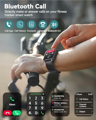 Smartwatch with Bluetooth call feature on a bicycle handle.