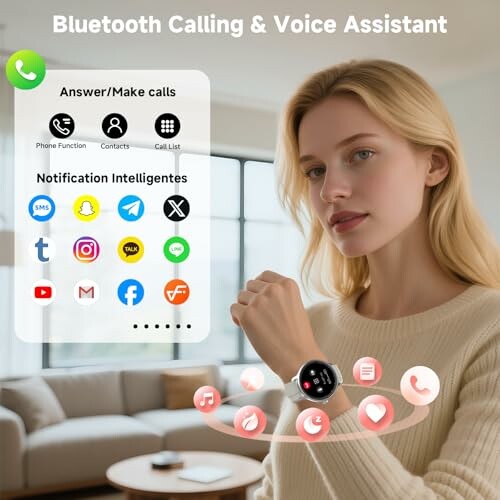 Woman using smartwatch with Bluetooth calling and voice assistant features displayed.