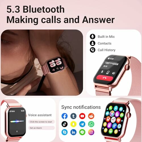 Smartwatch with Bluetooth calling, voice assistant, and app notifications.