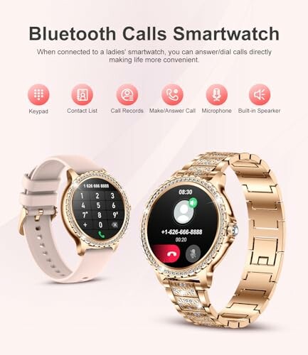 Smartwatch with Bluetooth call features and gold design.