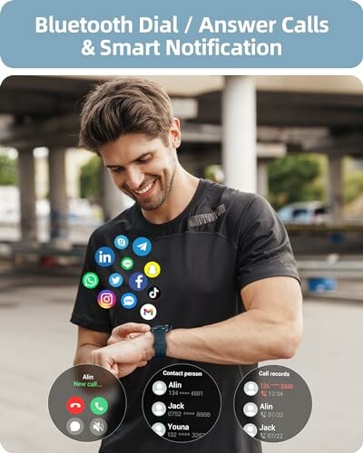 Man using smartwatch with Bluetooth call and notification features./