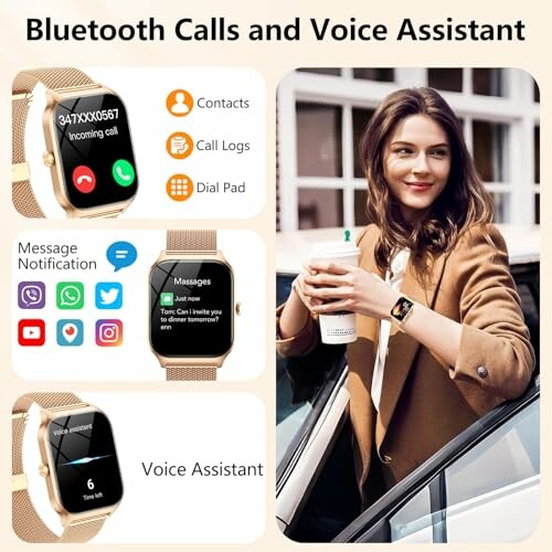 Smartwatch showing Bluetooth calls, voice assistant, and notifications.