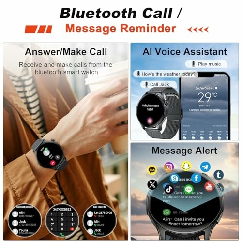 Smartwatch showcasing Bluetooth call, AI voice assistant, and message alert features.