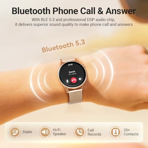 Smartwatch with Bluetooth 5.3 for phone calls and features display.
