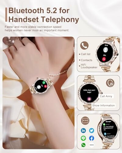 Smartwatch featuring Bluetooth 5.2 telephony with call and message interface.
