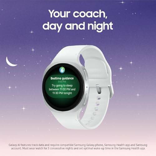 Smartwatch with bedtime guidance on screen, purple night sky background