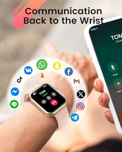 Smartwatch with various communication apps displayed on screen.