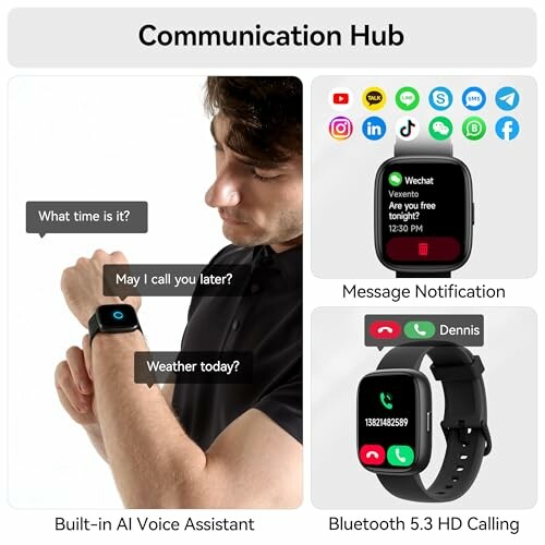 Man using smartwatch with AI voice assistant and message notifications. 