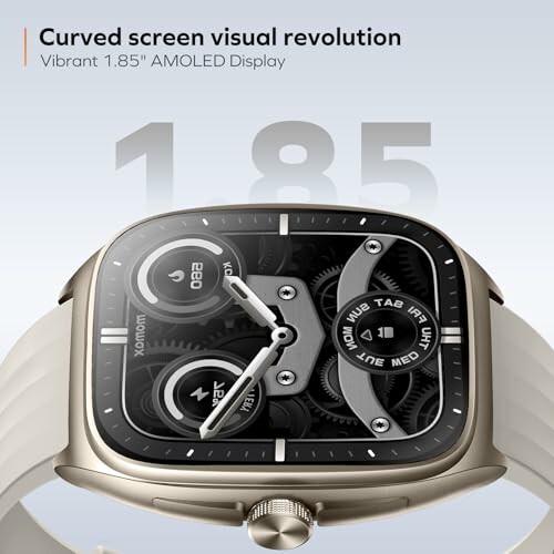 A smartwatch with a curved 1.85-inch AMOLED display, showcasing its sleek and stylish design.