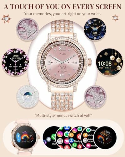 Smartwatch with customizable faces and decorative elements.